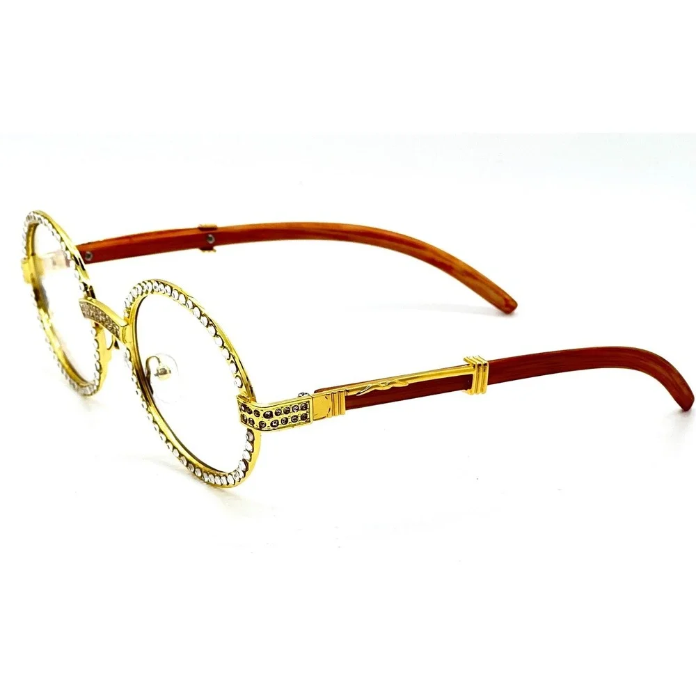Sunglasses Round Frame Wood Arm Gold Metal Fashion Shades Elegant Gang Style New